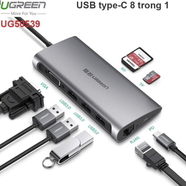 USB-C 8 trong 1 USB 3.0 3 port VGA RJ45 TF SD USB type-C PD Ugreen 50539