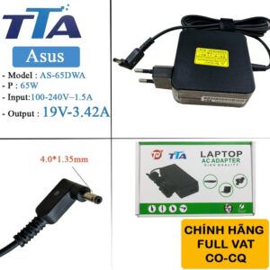 Bộ nguồn sạc pin laptop Asus 19V-3.42A 65W chân 4.0*1.35mm chính hãng TTA - AS-65DWA